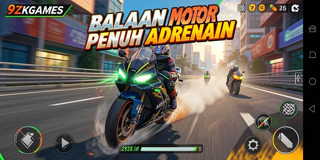 Tangkapan layar gameplay 9ZKGAMES dengan aksi balapan motor yang mendebarkan.