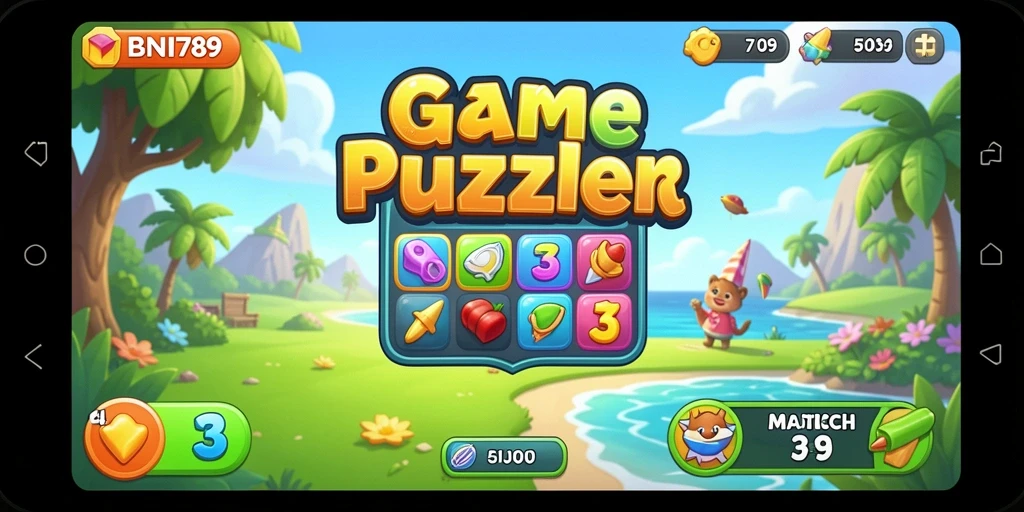 Screenshot menampilkan gameplay BNI789 dengan elemen Match-3 yang ceria.
