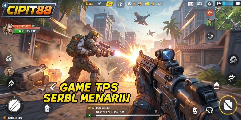 Tangkapan layar utama menunjukkan aksi seru dalam game TPS.