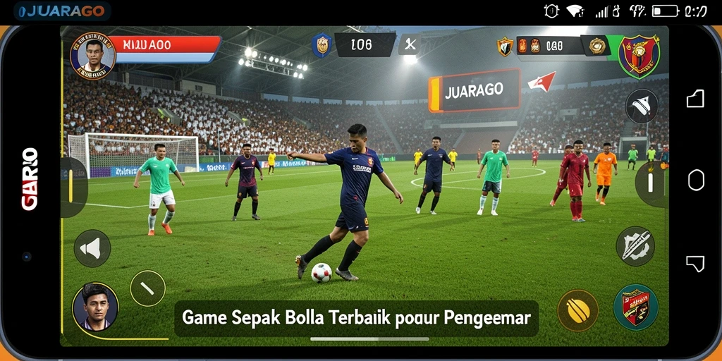 Tampilan gameplay JUARAGO yang menampilkan aksi sepak bola nyata.