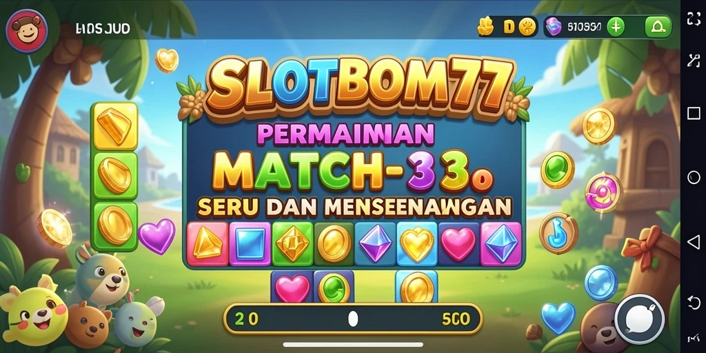 Tangkapan layar menunjukkan permainan Match-3 seru di SLOTBOM77.