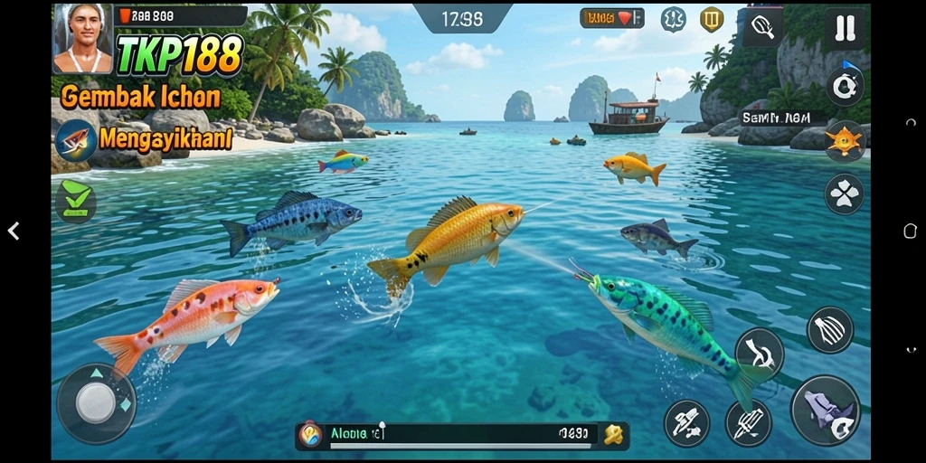 Tangkapan ikan yang berwarna-warni dalam gameplay TKP188.