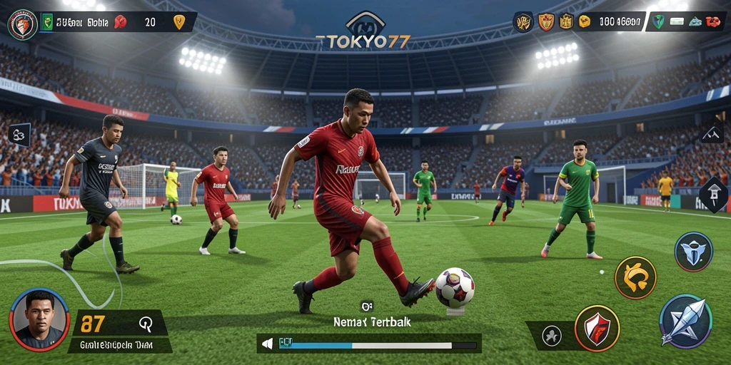 Tampilan gameplay <strong>TOKYO77</strong> yang mendebarkan dengan aksi sepak bola intens.