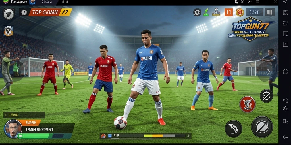 Screenshot utama dari TOPGUN77 menampilkan aksi pertandingan sepak bola nyata.